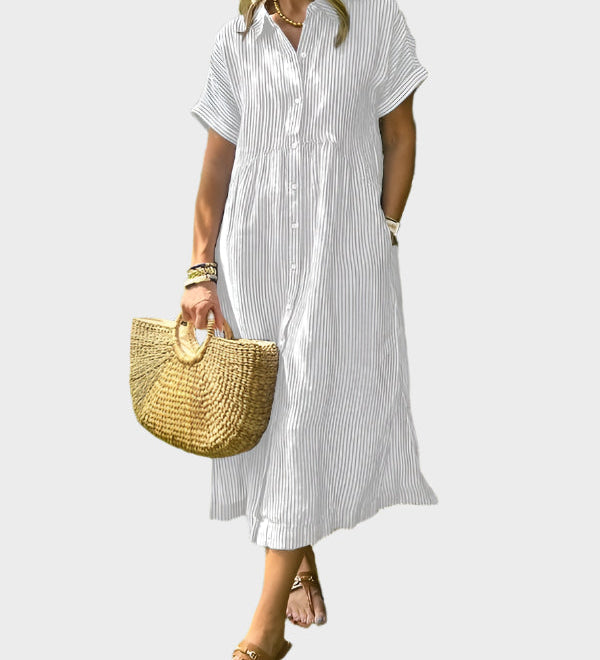 Pruhované Košilové Šaty S Knoflíky A Funkčními Kapsami