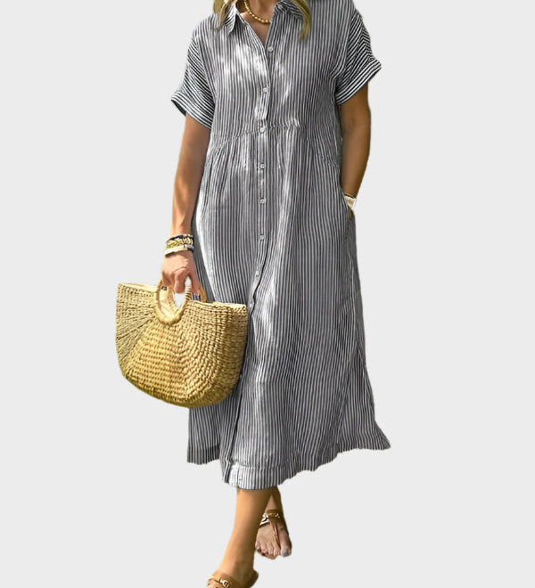 Pruhované Košilové Šaty S Knoflíky A Funkčními Kapsami