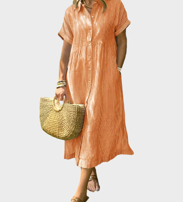 Pruhované Košilové Šaty S Knoflíky A Funkčními Kapsami