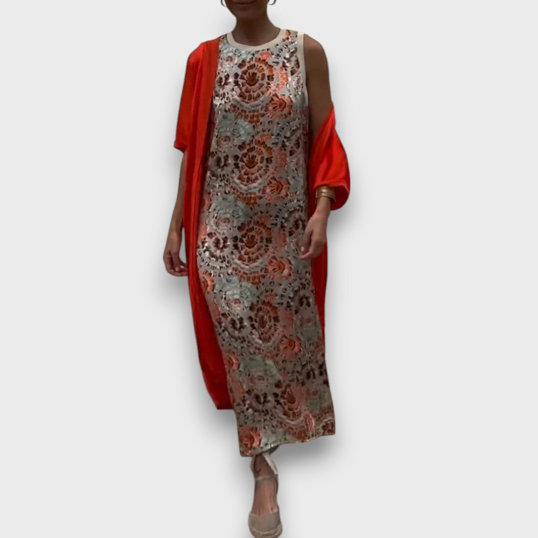 Maxi šaty s kardigánem Kaftánový Střih s Květinovým Vzorem