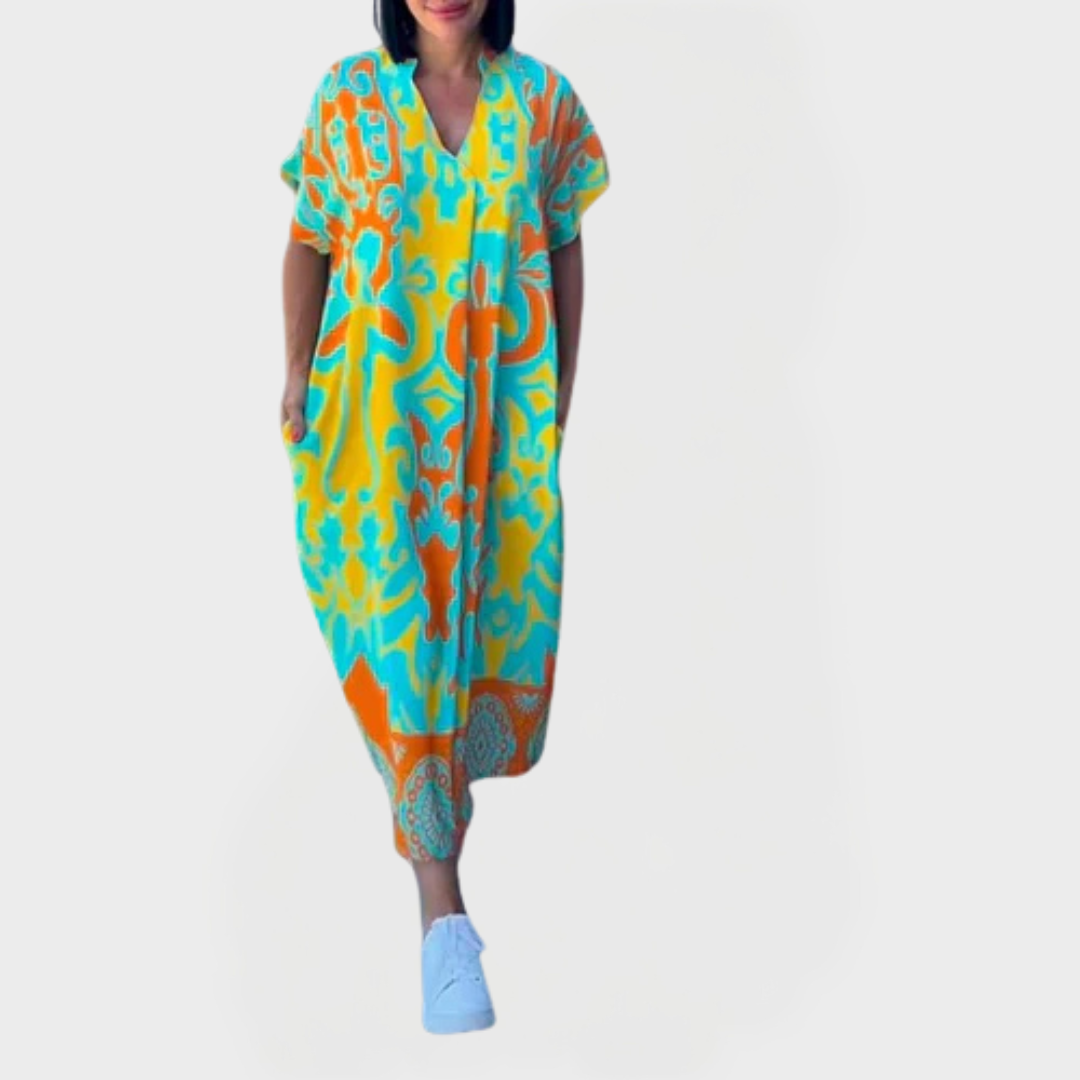 Elegantní Kaftanové Šaty s Kapsami Geometrický Vzor