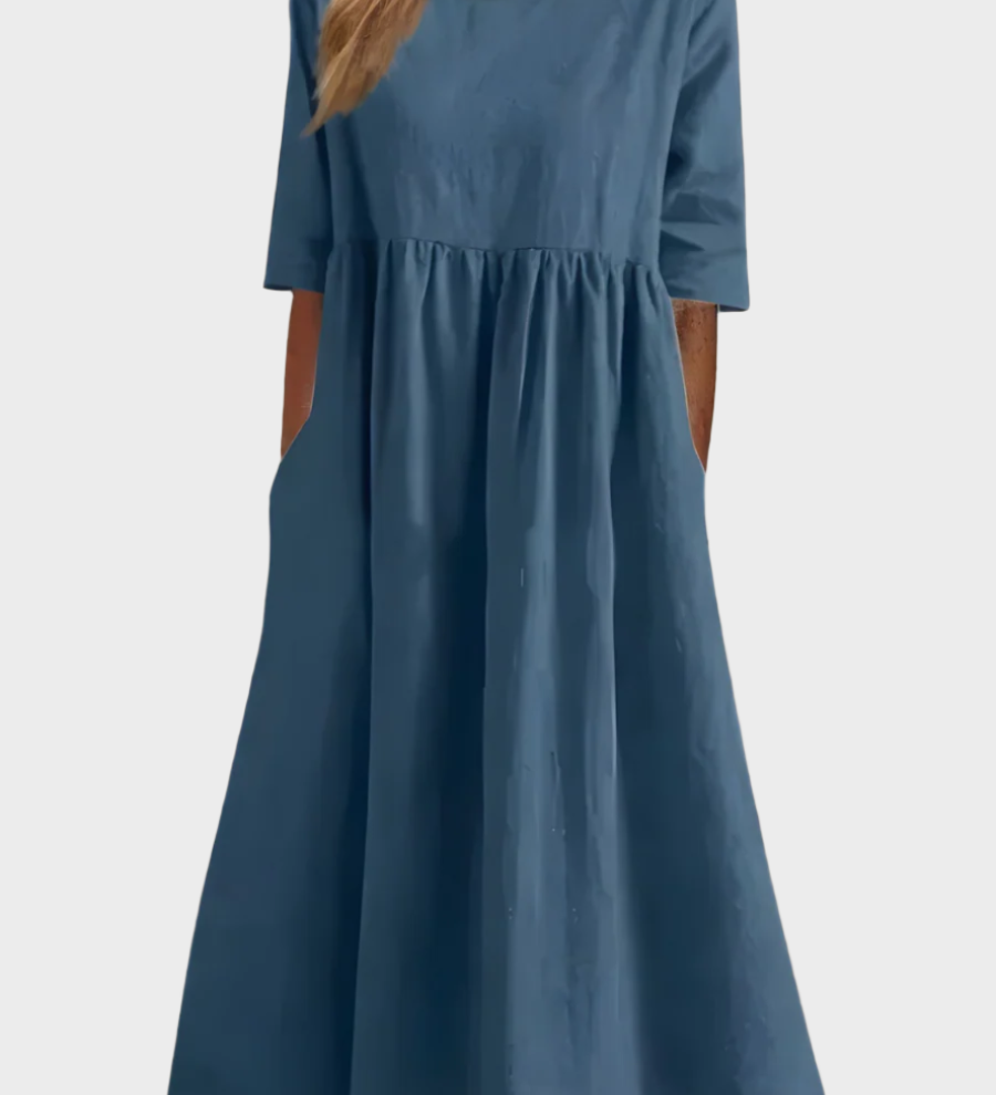 Lněné Šaty S Krátkými Rukávy A Vzdušným Střihem Modré