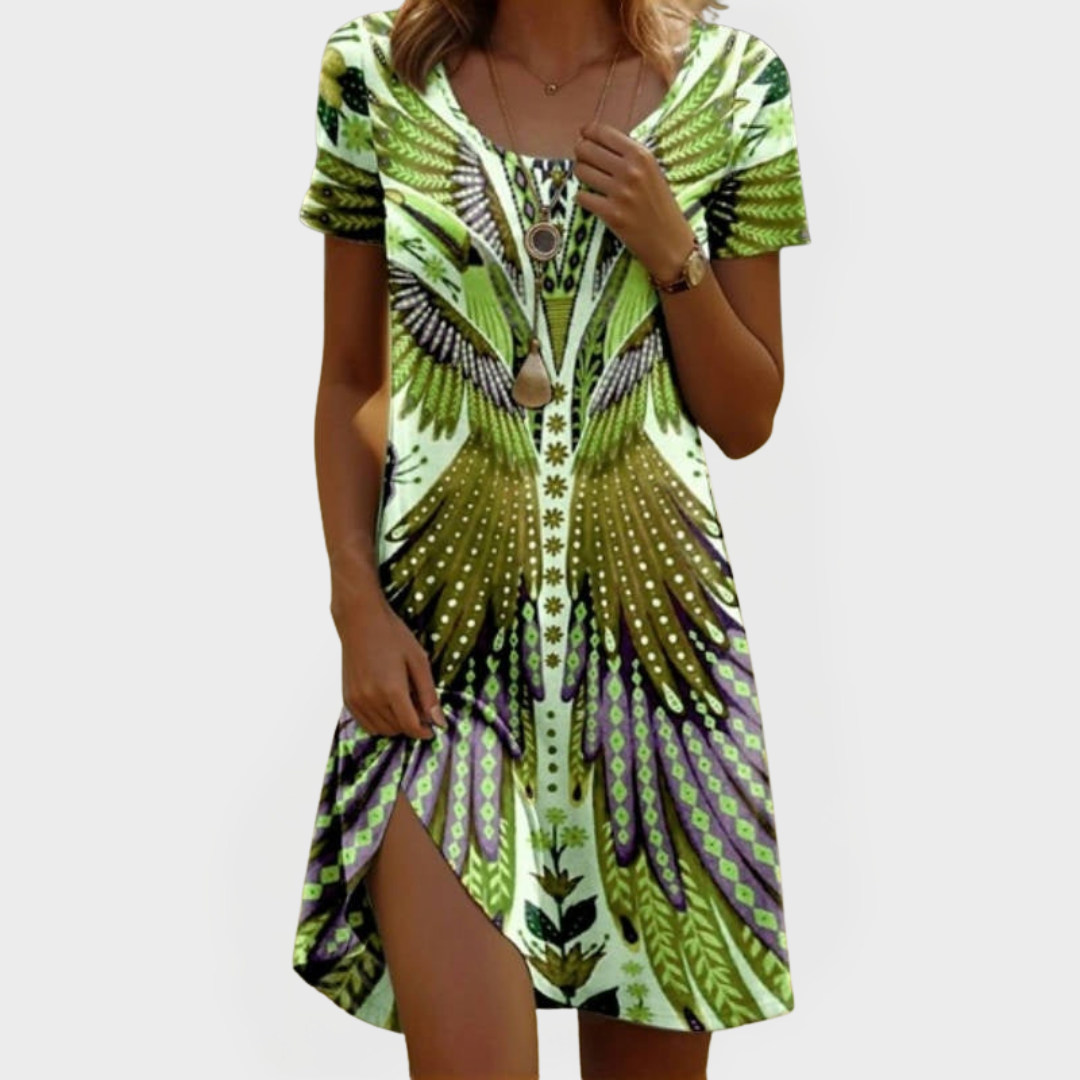 Vintage Šaty S Krátkými Rukávy Etnickým Vzorem Křídel