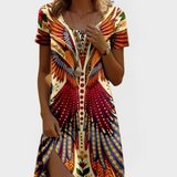 Vintage Šaty S Krátkými Rukávy Etnickým Vzorem Křídel