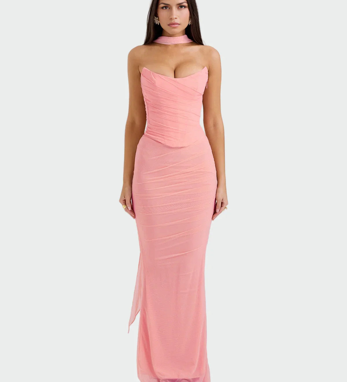 Elegantní Laura Maxi Drapované Šaty s Korzetem a Dekoltem