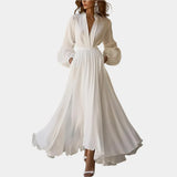 Klasické Bílé Maxi Šaty S Balónovými Rukávy Hluboký V Dekolt