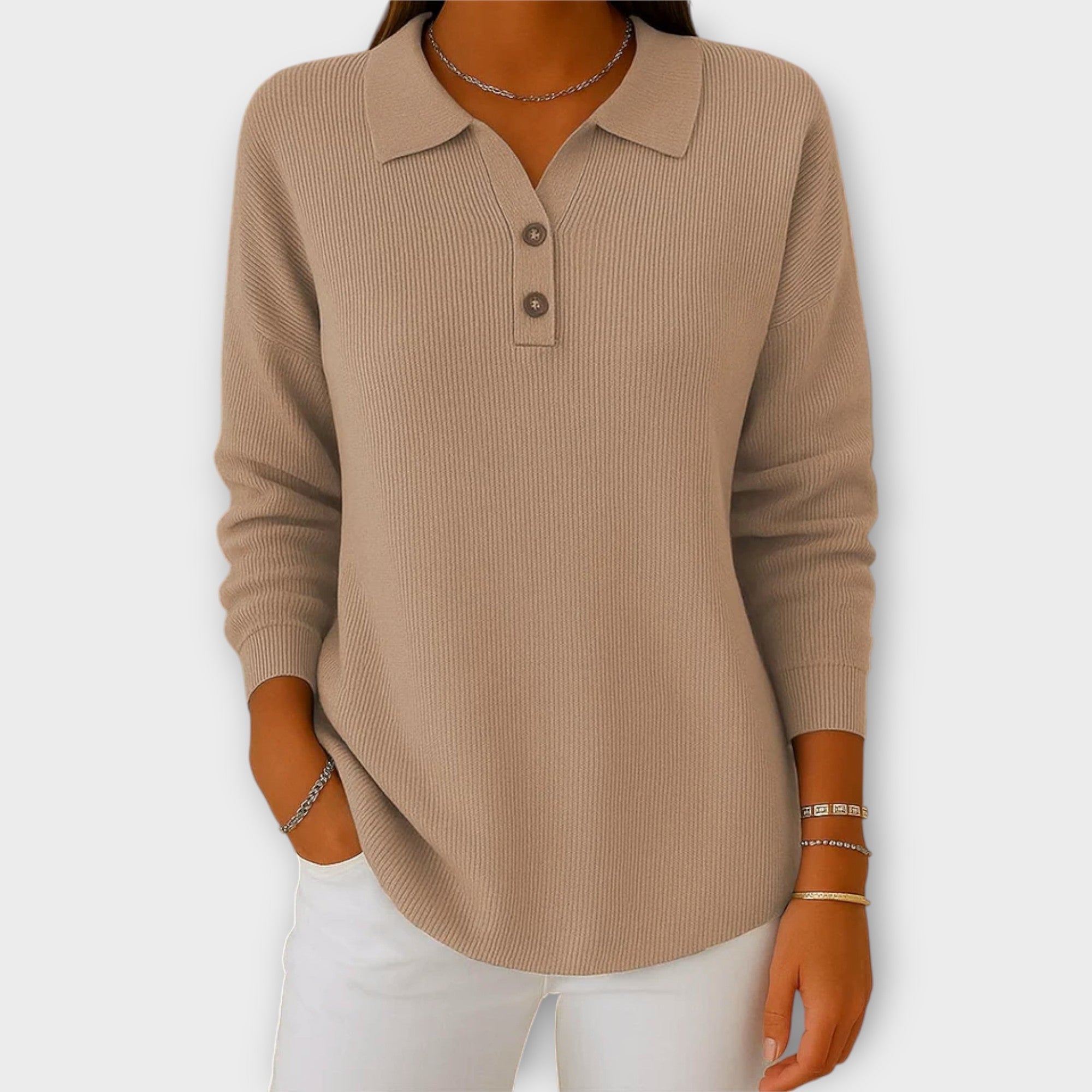 Pletený Svetr S Elegantním Límcem A Knoflíky Denní Nošení