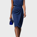 Aristokratické Večerní Šaty Modré Satén Midi Délka Luxus