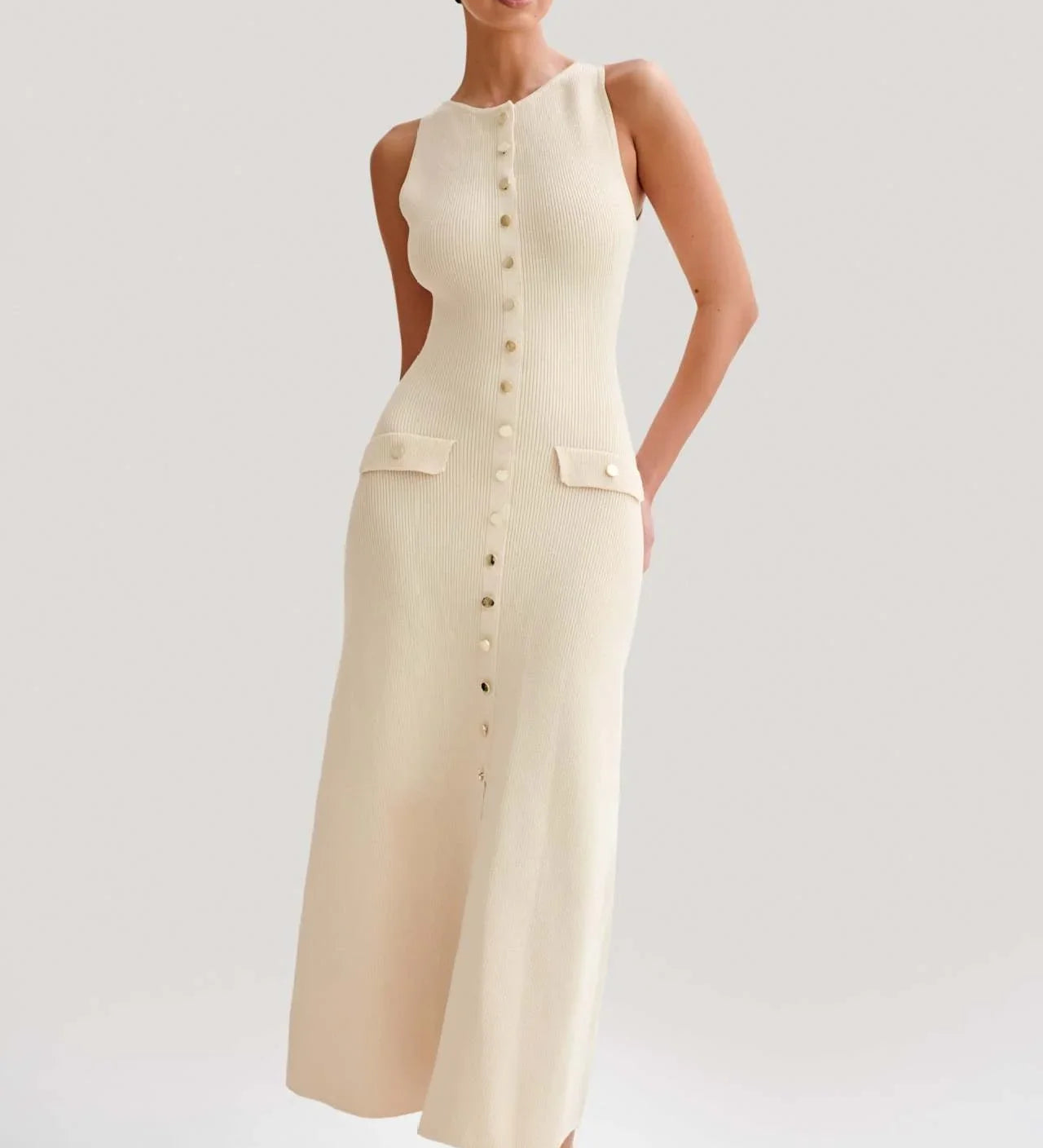 Gabriella Elegantní Pletené Šaty Bez Rukávů S Knoflíky