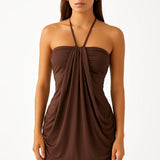Čokoládově Hnědé Mini Šaty Závazováním U Krku Drapované