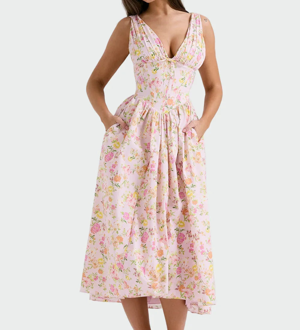 Midi Šaty Romantický Květinový Vzor Elegantní Silueta