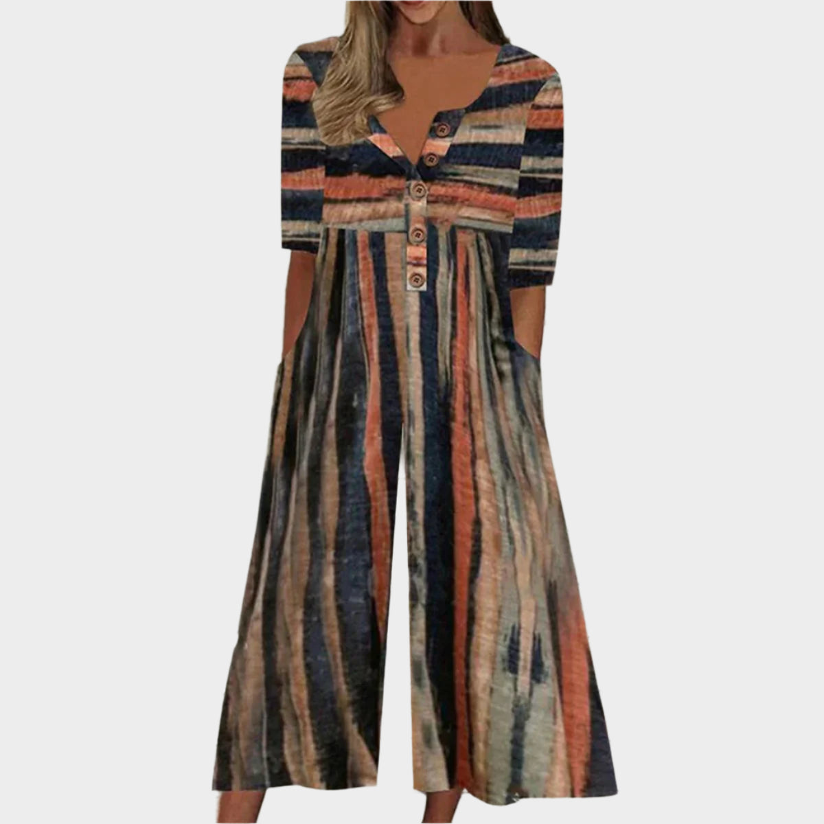 Letní Overal S Rostlinným Vzorem Lehká Tkanina Knoflíky