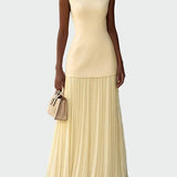 Krémové Plesové Maxi Šaty s Těsným Vrškem Plisovanou Sukní