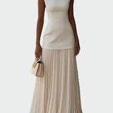 Krémové Plesové Maxi Šaty s Těsným Vrškem Plisovanou Sukní
