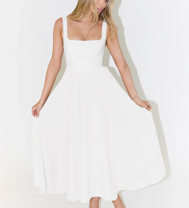 Elegantní Midi Šaty S Romantickým Střihem Čtvercový Dekolt