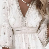 Boho Letní Krátké Šaty se Krajkou v Dekoltu a Rukávy