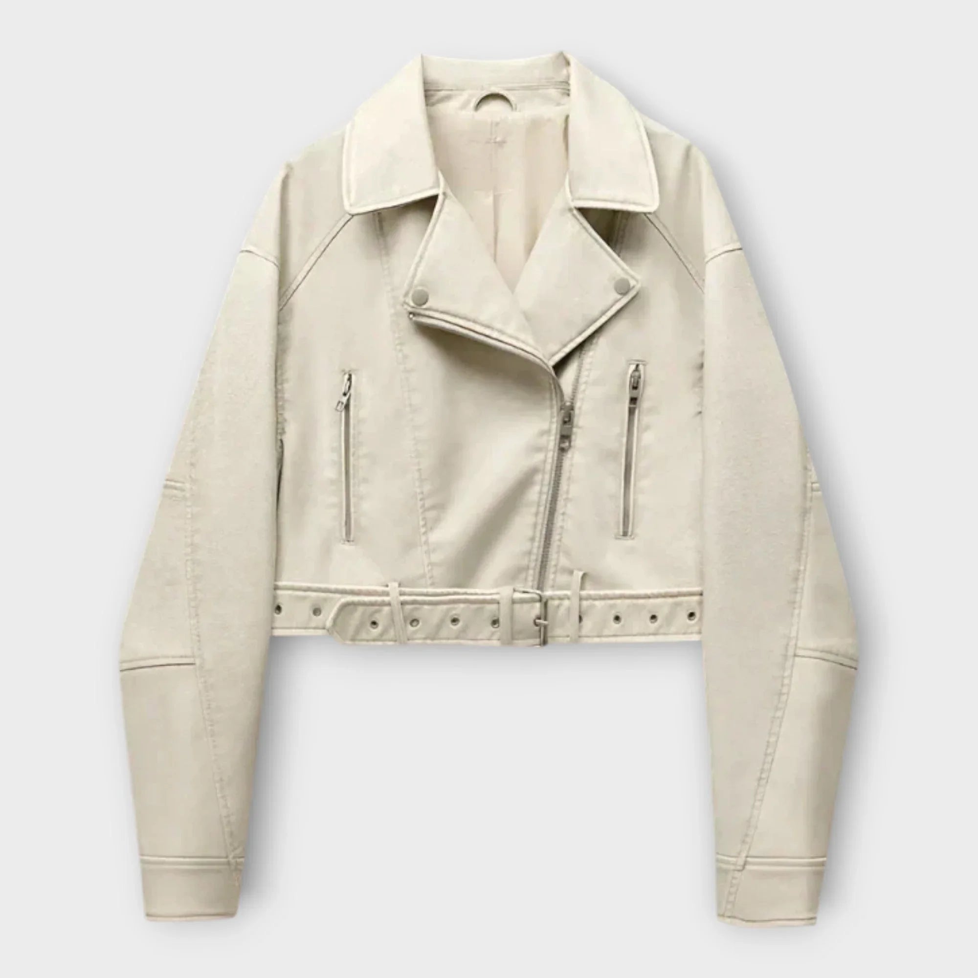 Moderní Krátká Kožená Bunda s Páskem a Vytříbenou Estetikou