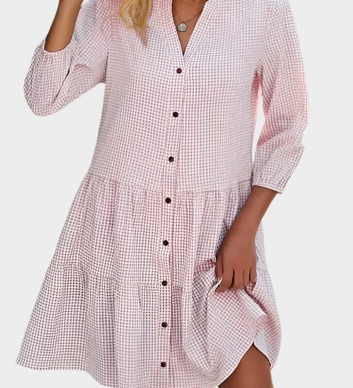 Lehké Letní Kárované Šaty S Knoflíky Vpředu Modrý Vzor