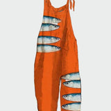 Retro Overal S Širokými Nohavicemi Oranžový Potisk S Rybami