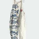 Retro Overal S Květinovým Nádechem A Rybami Na Bílém Pozadí