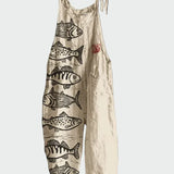 Retro Overal S Květinovým Nádechem A Rybami Na Bílém Pozadí