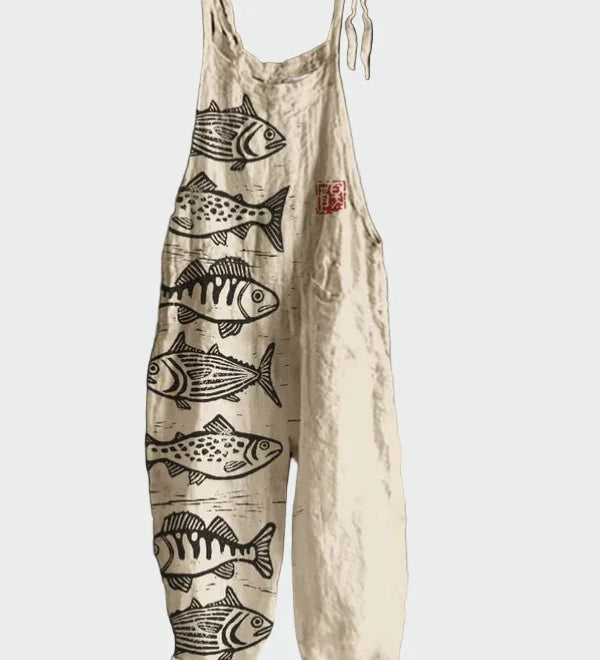 Retro Overal S Květinovým Nádechem A Rybami Na Bílém Pozadí