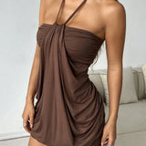 Čokoládově Hnědé Mini Šaty Závazováním U Krku Drapované