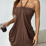 Čokoládově Hnědé Mini Šaty Závazováním U Krku Drapované